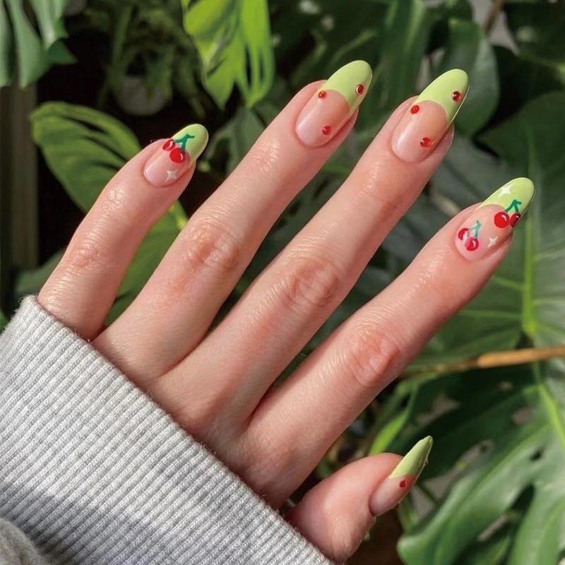 Nail Art Red - 24Pcs French Almond False Nails Green-edged