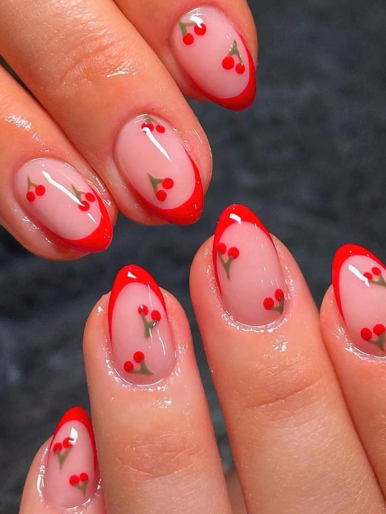 Nail Art Red - 24pcs French Sakura Press On Nails,