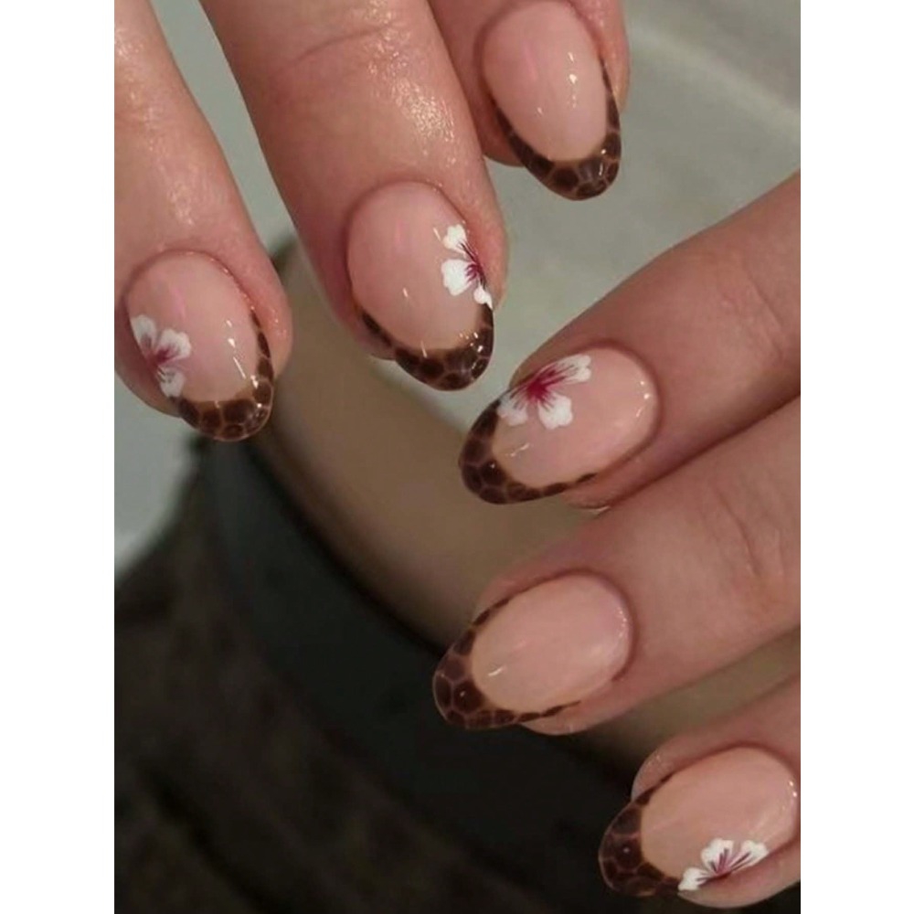 Nail Art Gel Polish - 24pcs Cute Short Oval Flower Nail