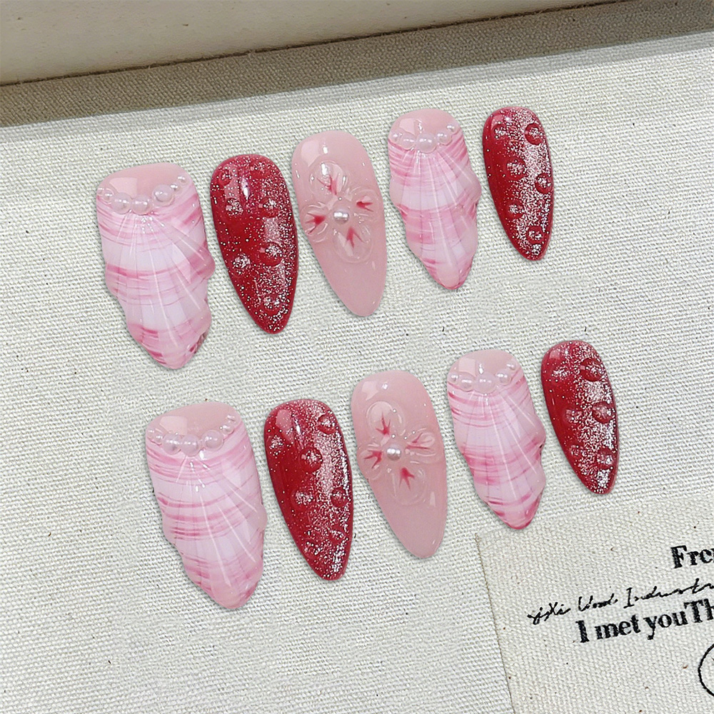 Nail Art Red - 10pcs Medium Almond Handmade Press On