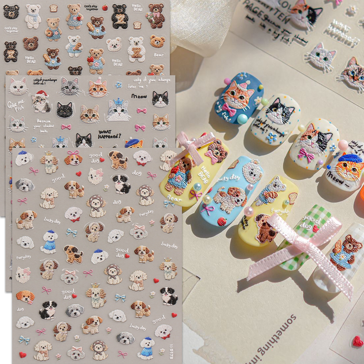 Nail Art Zelda - 3pcs Cute Cartoon Embroidered Kittens, Dogs